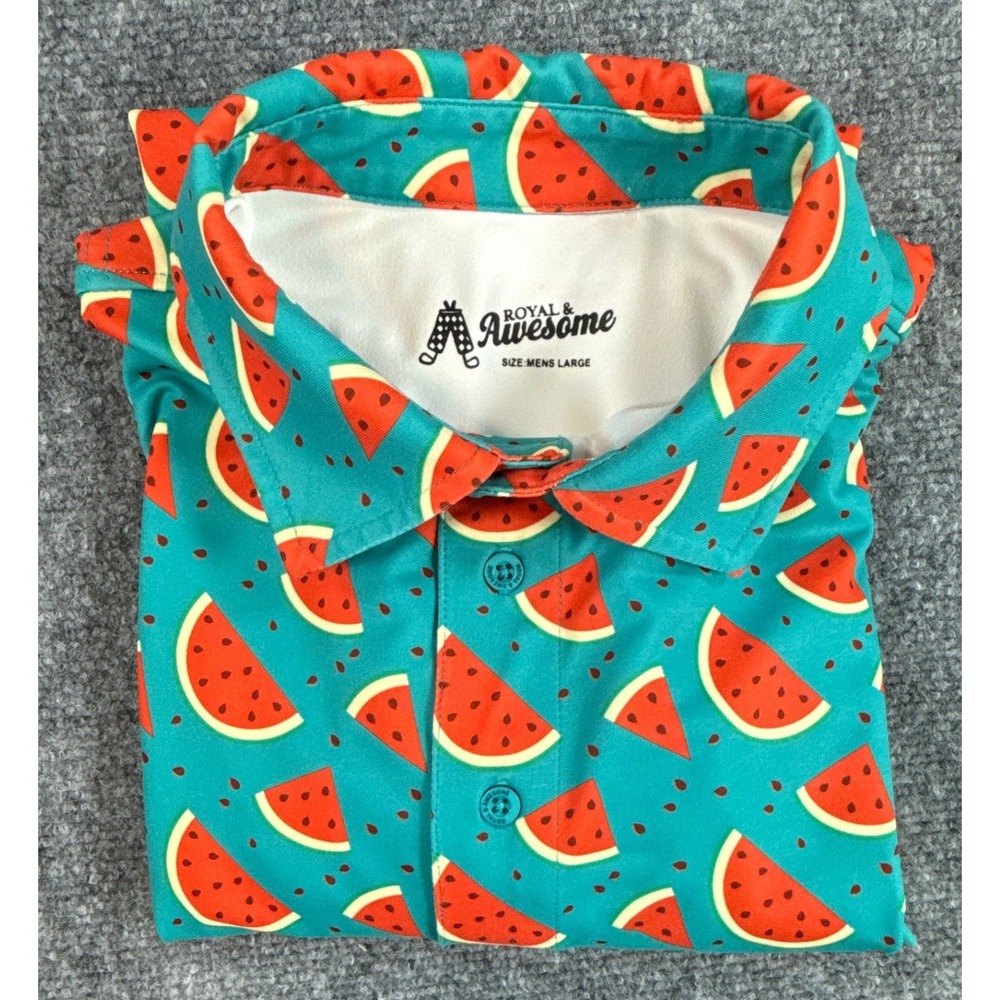 Royal & Awesome Mens Large Watermelon Golf Polo Shirt Teal Fruit Print